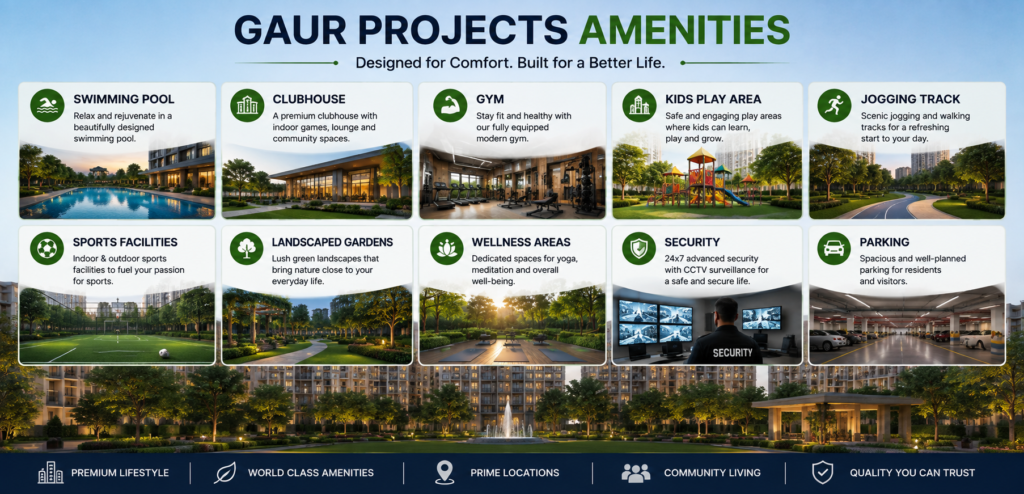 GAUR AMENITIES Which are available in gaur new projects
 